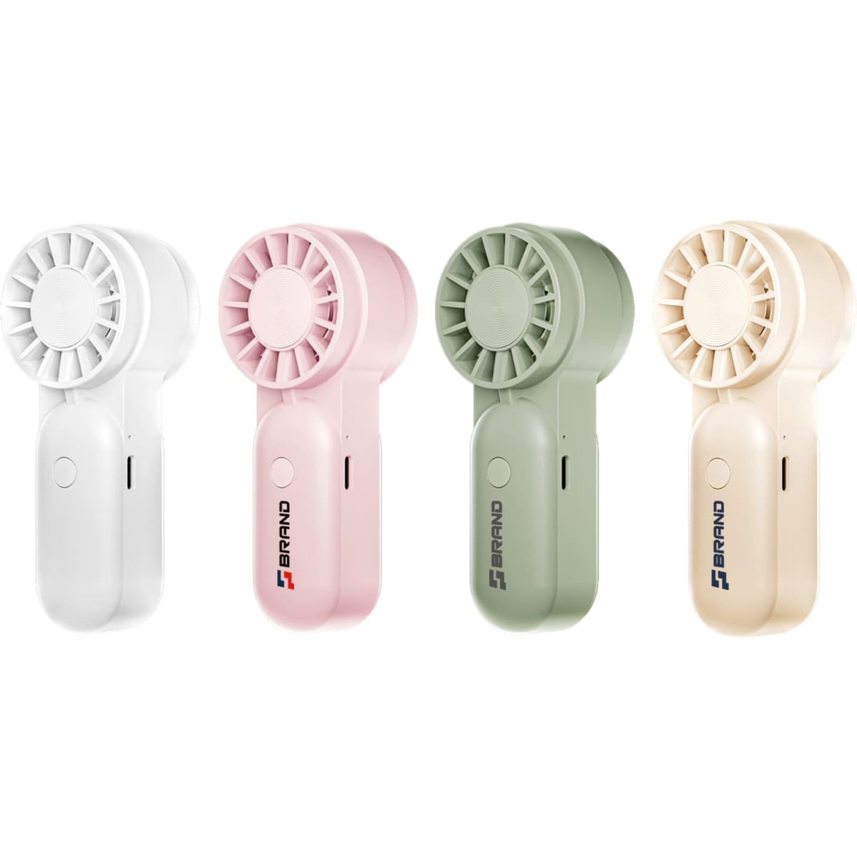 A set of four portable handheld fans in white, pink, green, and beige, featuring a branding logo.