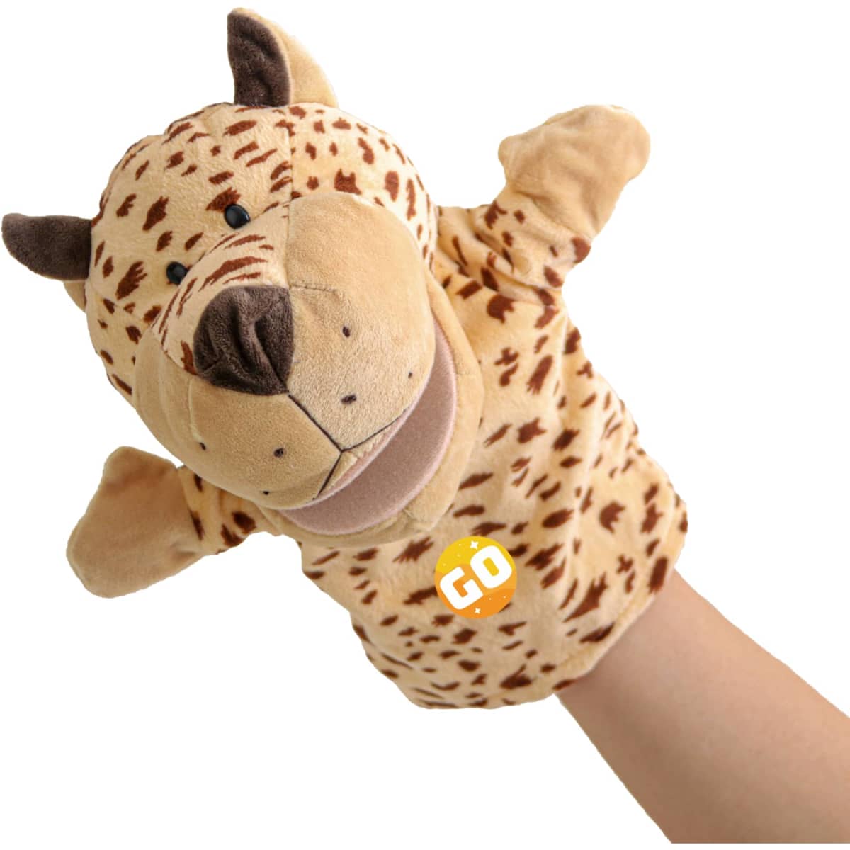A leopard hand puppet in shades of tan and brown with a soft plush texture, featuring ears and a snout.