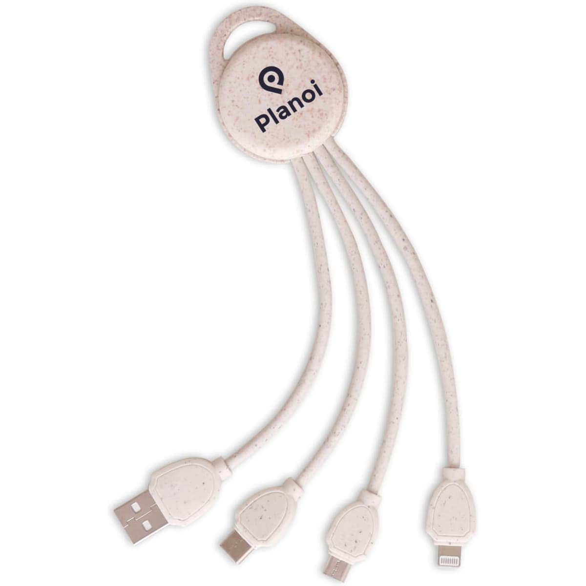 A round-shaped charging cable in a light colour, featuring multiple connectors and a logo.