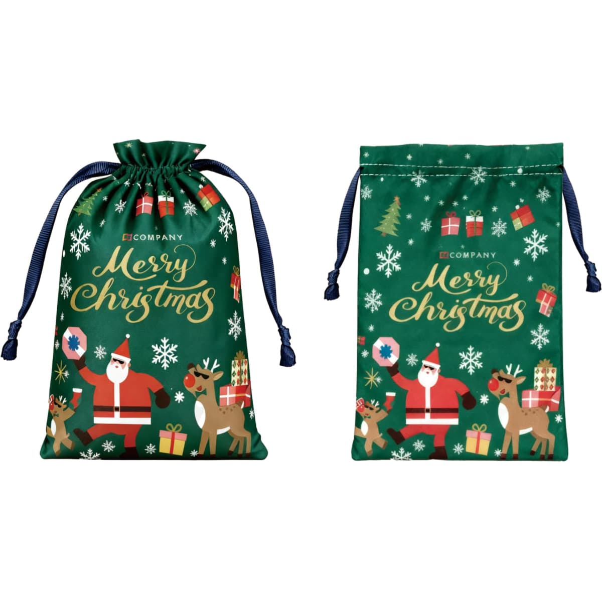 Two green polyester drawstring gift bags featuring Christmas designs with Santa, reindeer, and holiday decorations.