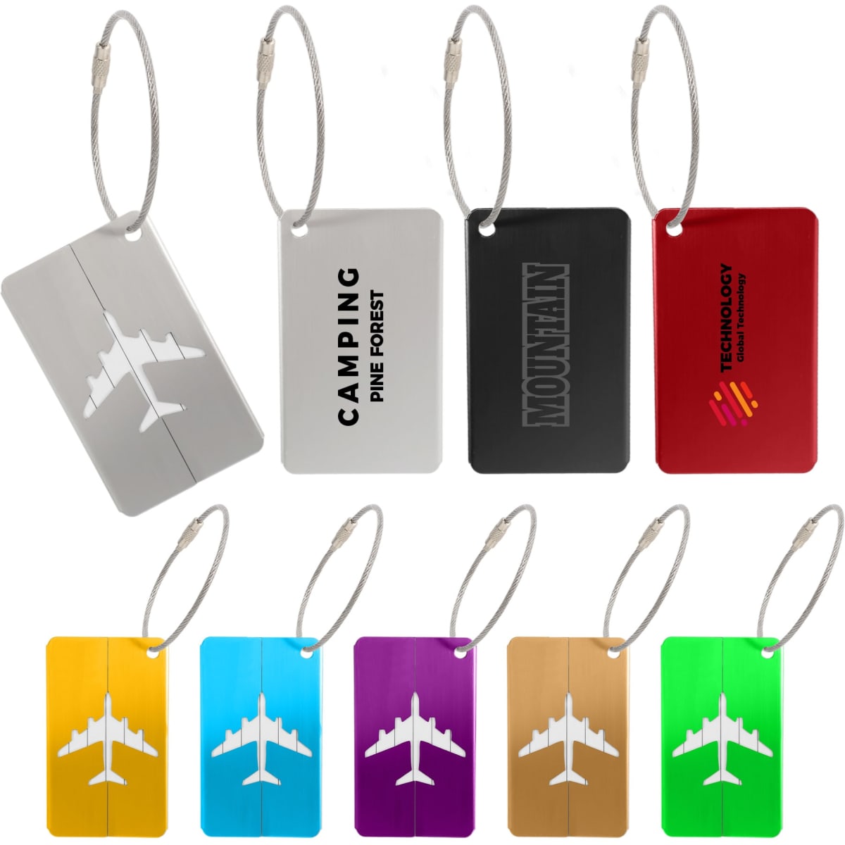 A collection of colourful metal luggage tags in various designs, including silver, black, red, yellow, blue, green, purple, and gold.