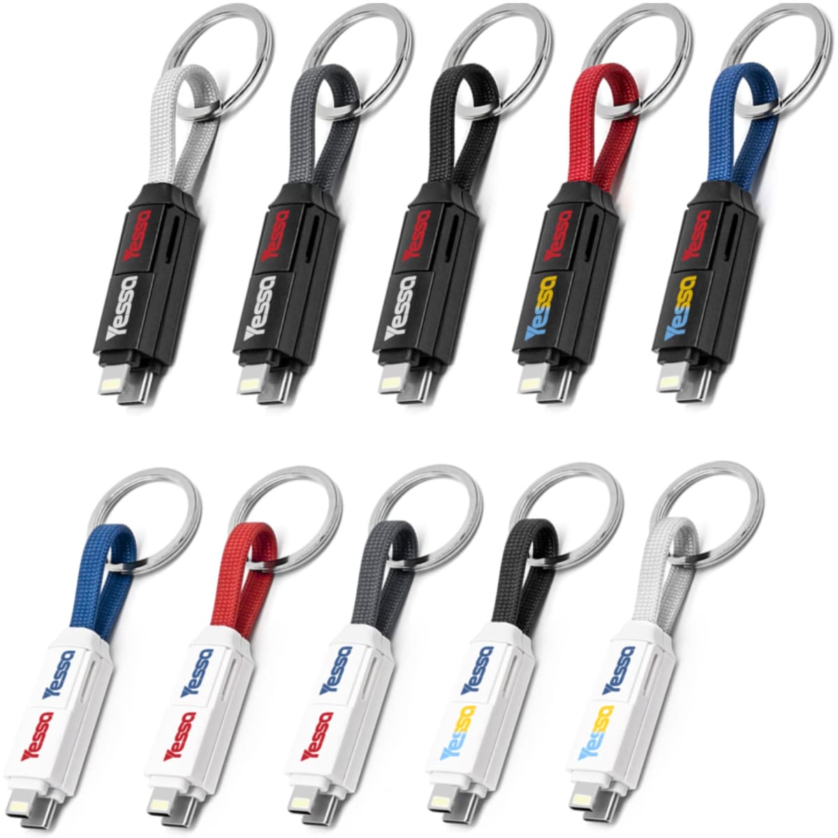 A collection of 60W 3-In-1 ABS charging cables in black, red, blue, silver, and white, each with a keyring attachment.