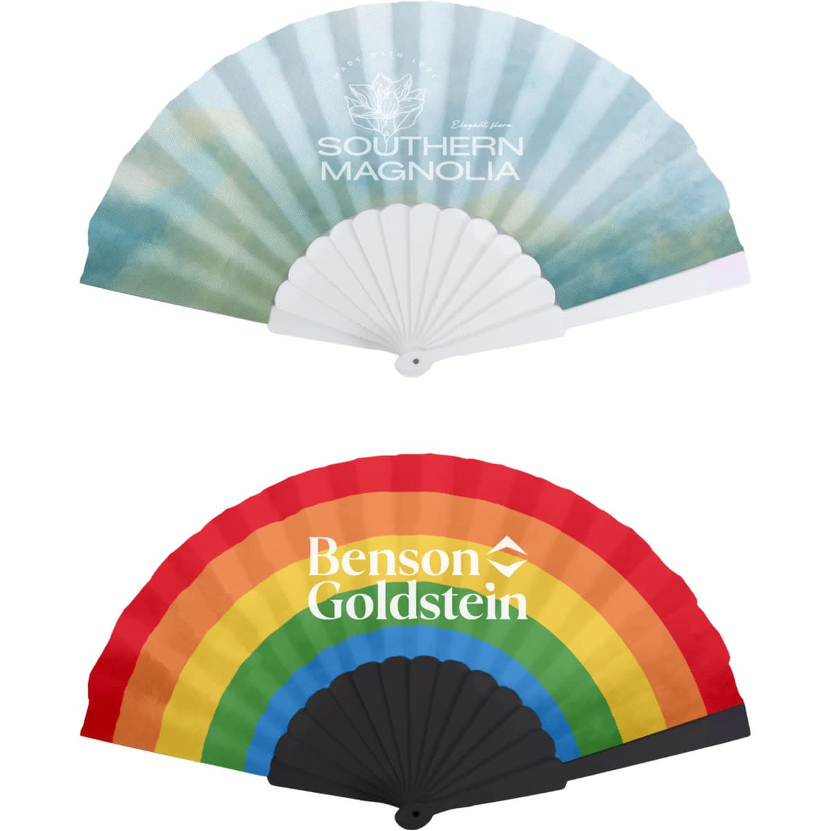 A fabric hand-held fan featuring a gradient design on one side and a vibrant rainbow pattern on the other, with logos.