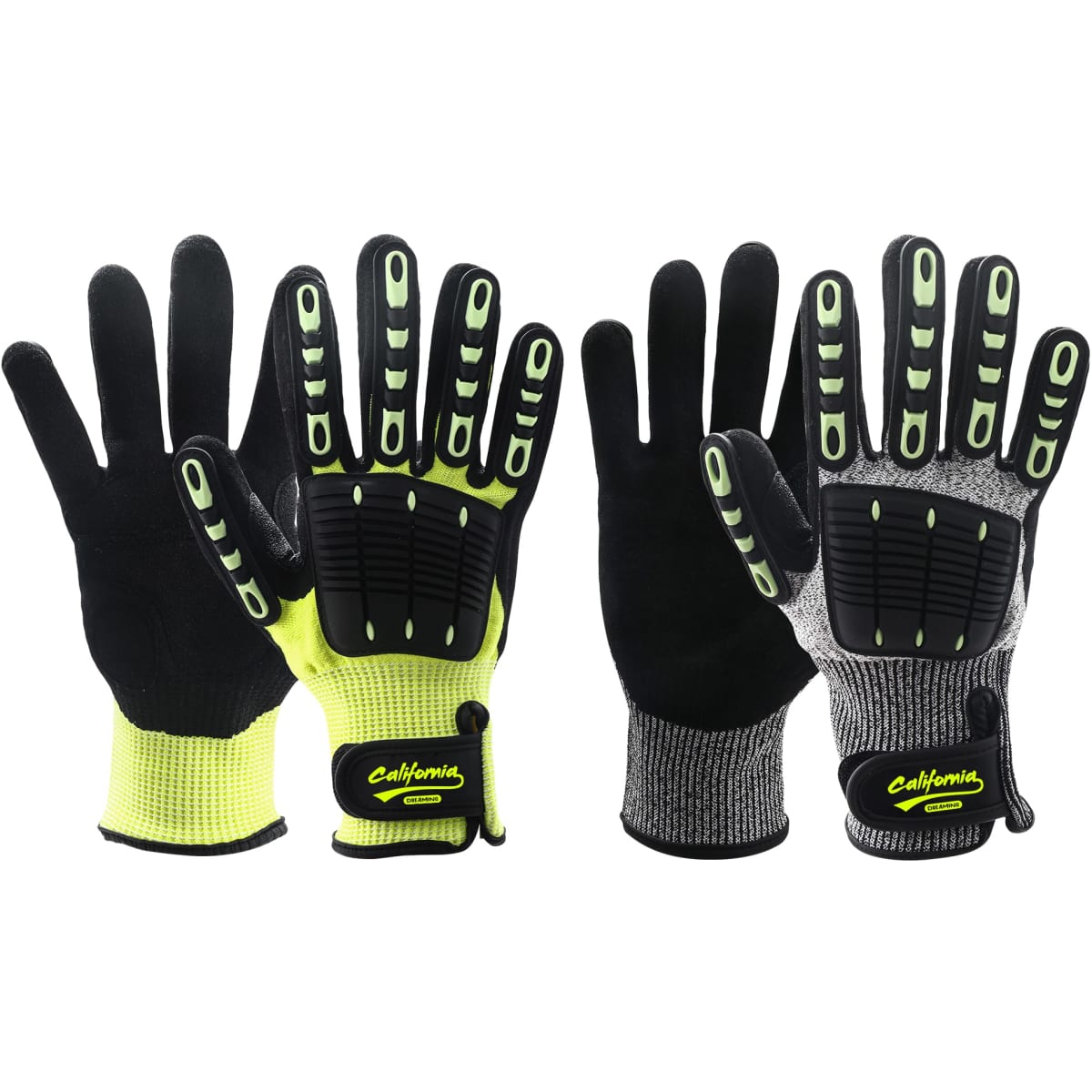 Heavy duty safety work gloves in black and grey with bright green accents, featuring a wrist lock and palm guard.