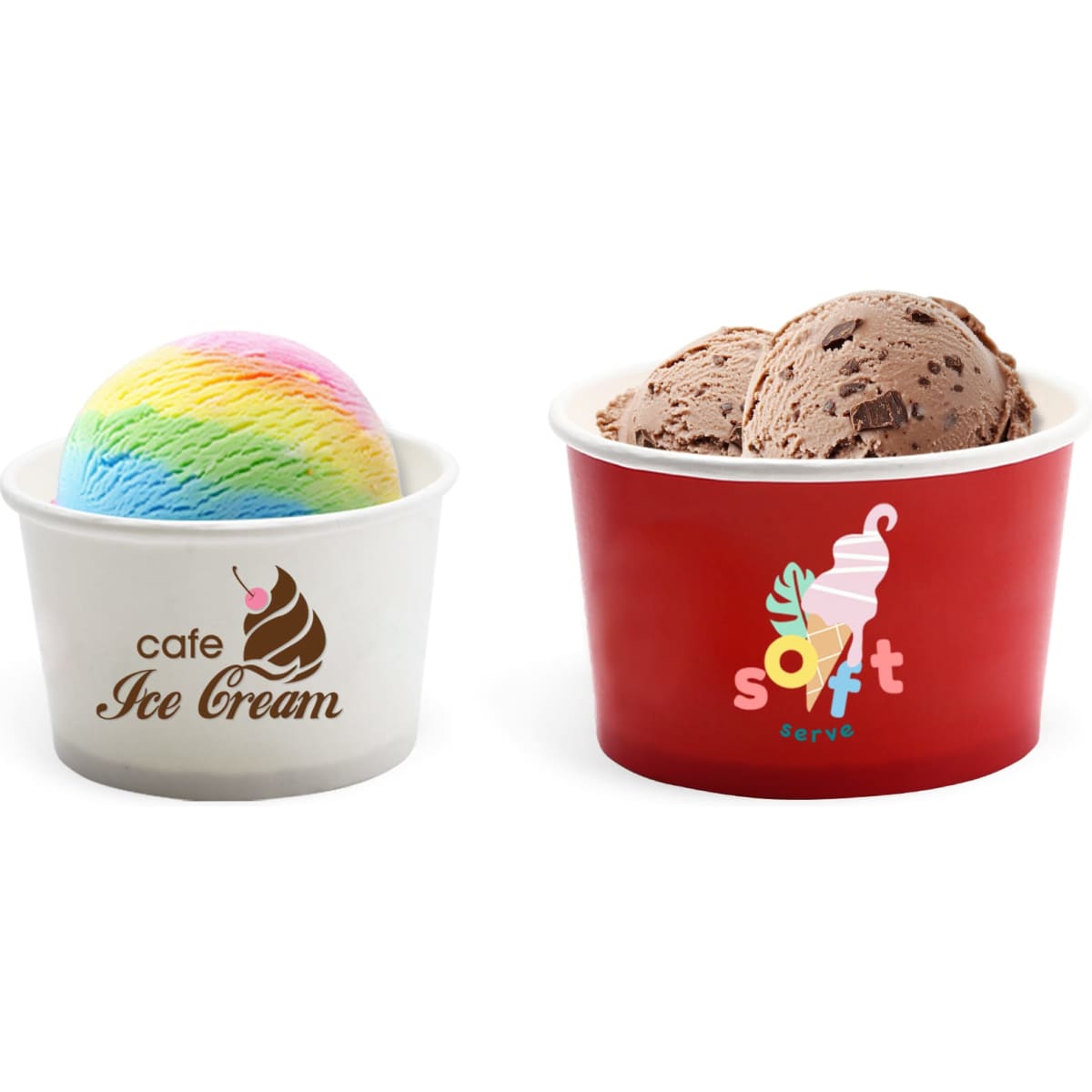 Two gelato cups in white and red, filled with rainbow and chocolate ice cream, featuring logos.
