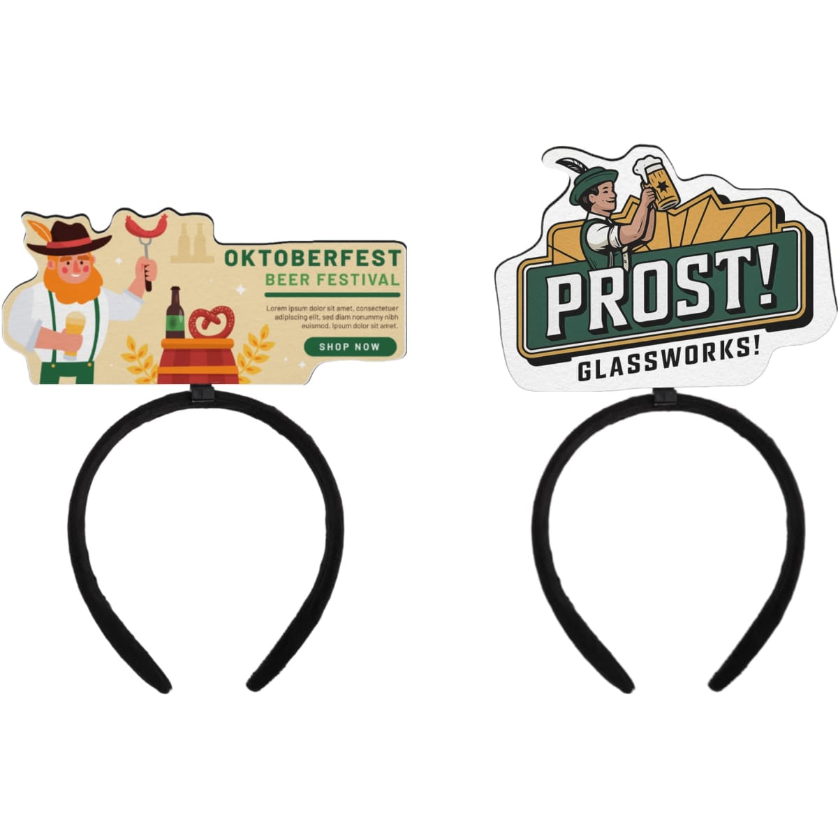 Two black headbands featuring colourful foam toppers with festival-themed designs and a logo on each.