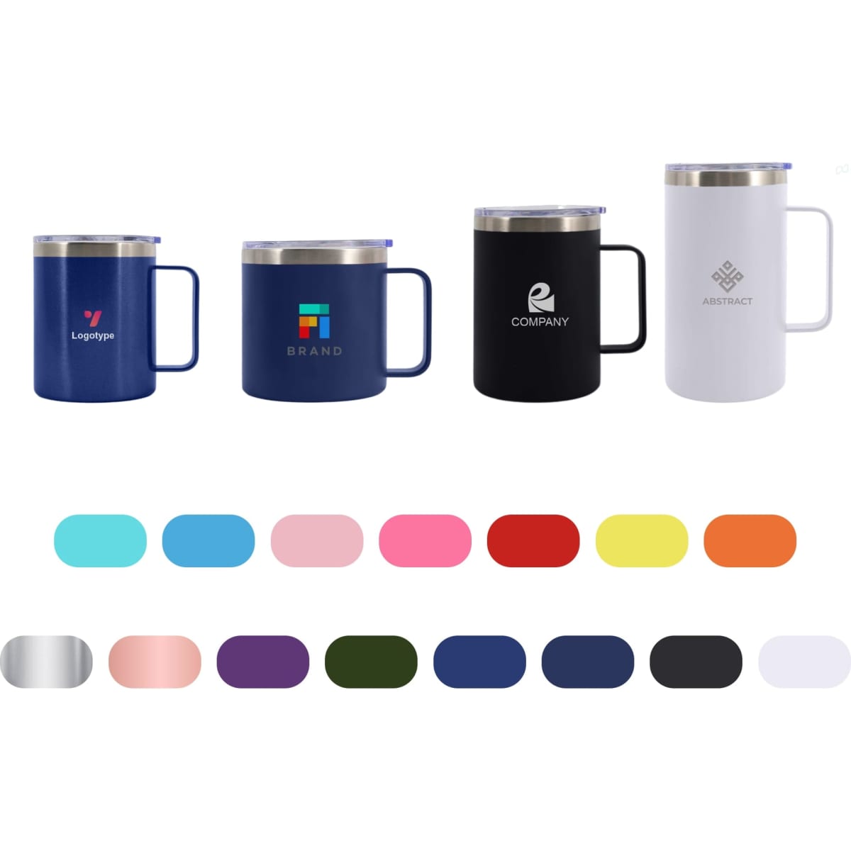 A stainless steel cup with handle available in various colours, featuring different logos on select designs.