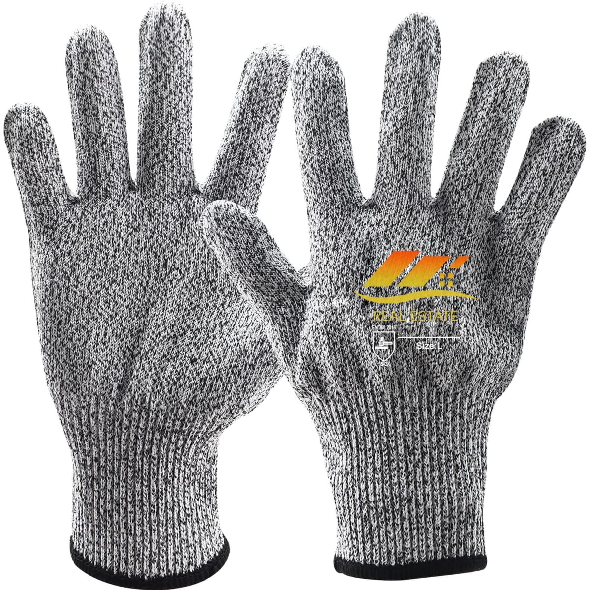 Cut resistant gloves in grey with a textured finish and a small logo on one glove.
