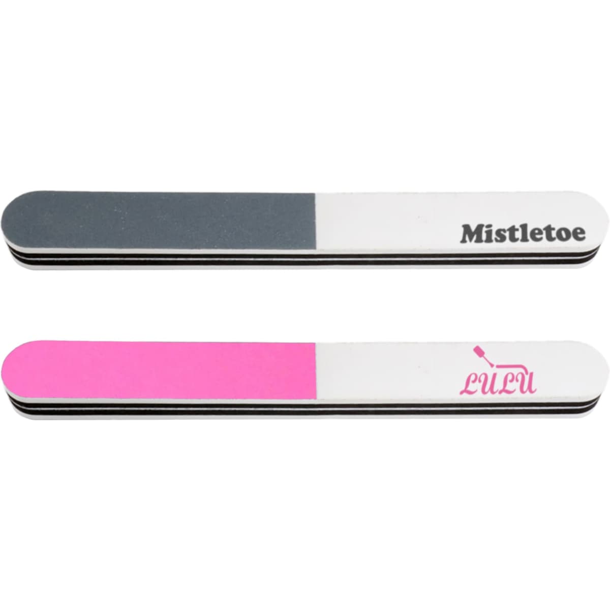 A pack of 10 triple-sided nail files in grey, white, and pink, featuring different printed designs.