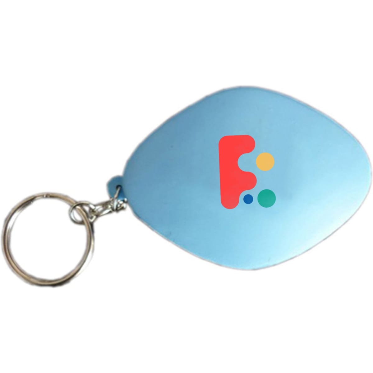 A blue tablet-shaped stress reliever keyring with a logo on one side, attached to a metal keychain.