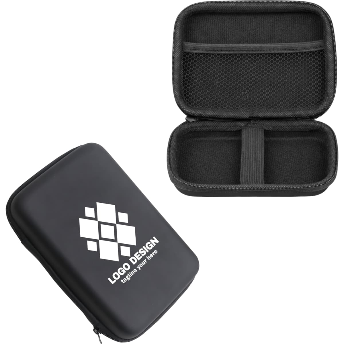 A large black zipper case with a textured interior and a logo on the front, featuring two compartments.
