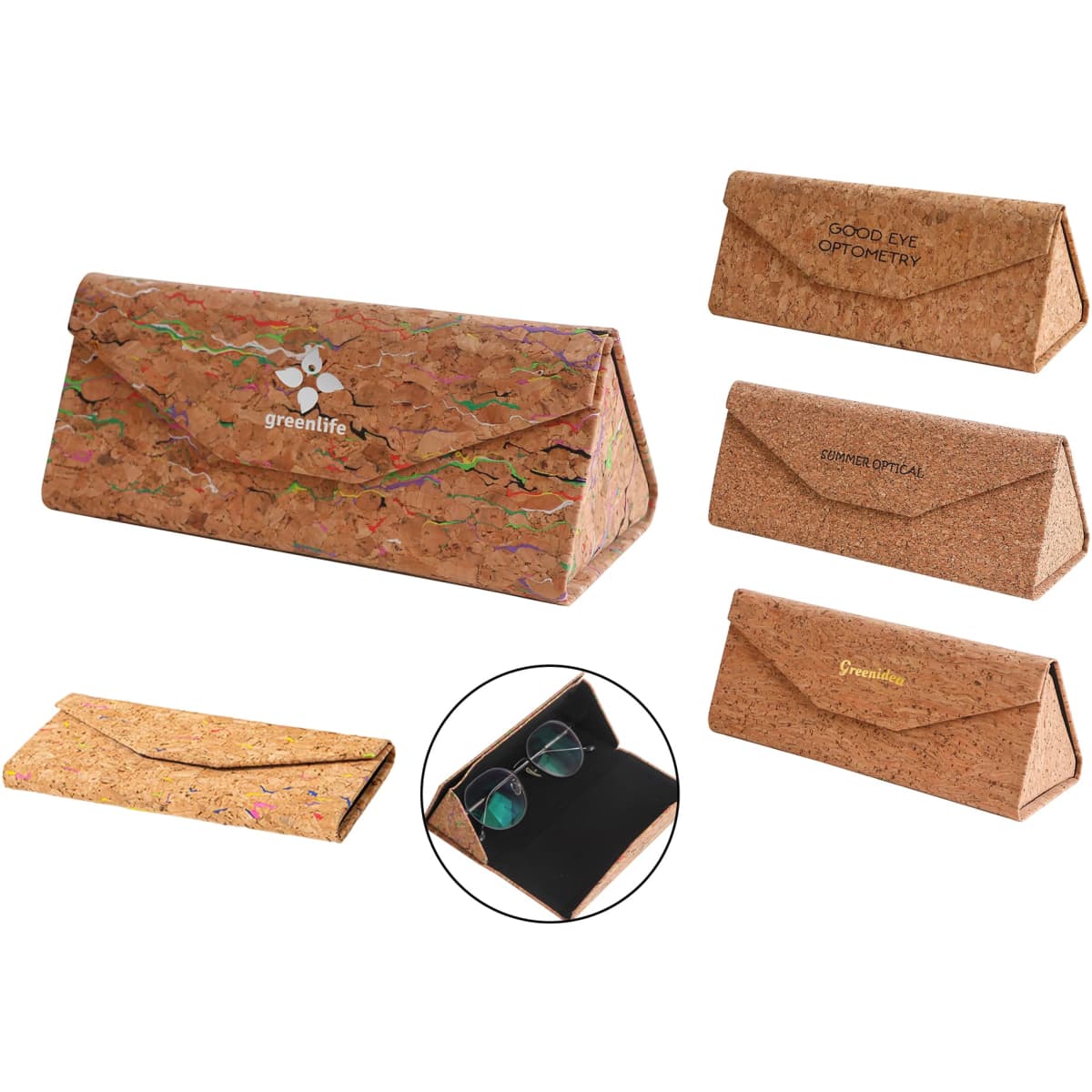 Foldable cork glasses case in various designs, featuring a natural cork finish and an interior compartment for glasses.