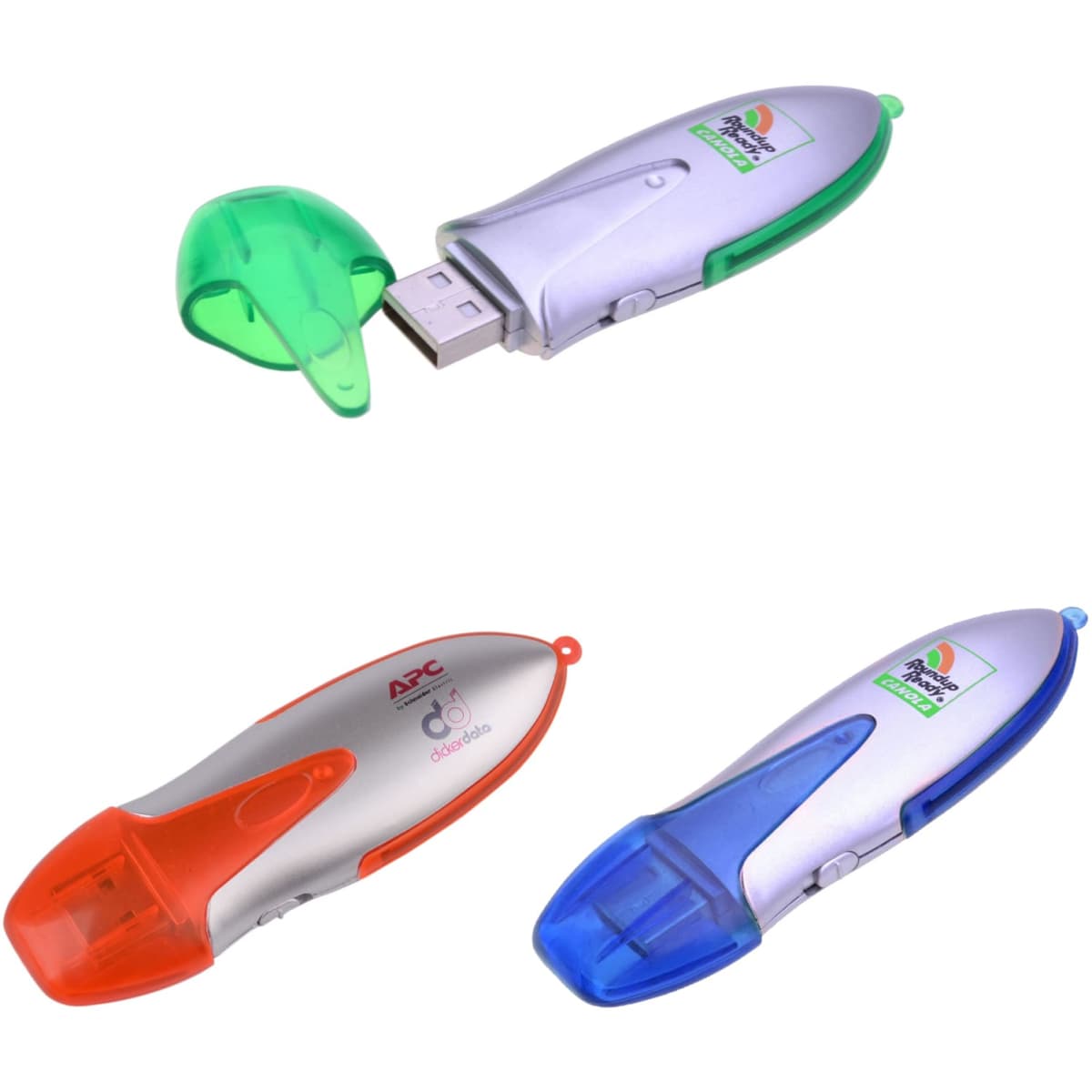 Three Hummel flash drives in green, orange, and blue, featuring a sleek design and a removable cap. Each has a logo.