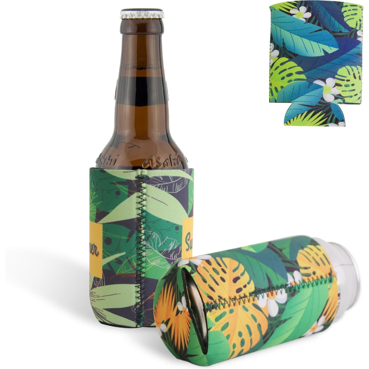 A drink bottle in a green and yellow reversible foldable stubby holder with a tropical leaf design, featuring a logo.