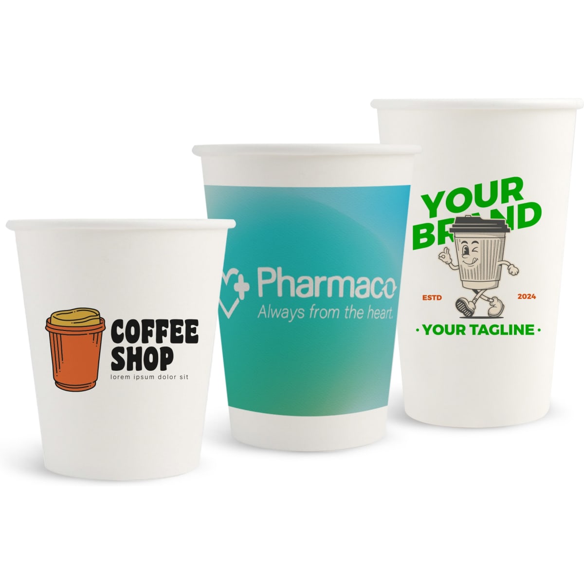 Three compostable paper cups in white, featuring various designs and logos, including a coffee cup illustration and branding elements.