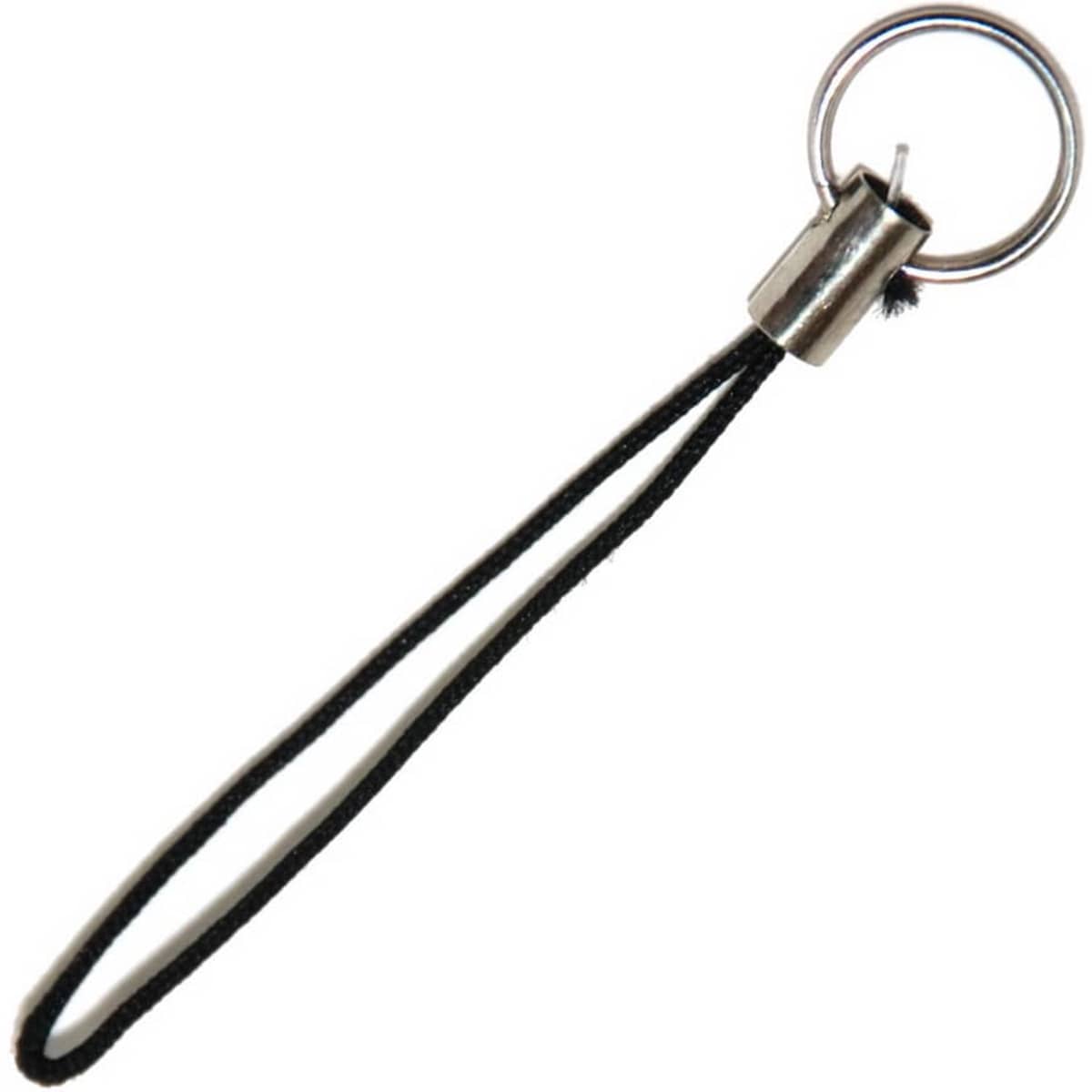 A mobile phone holder in black, featuring a loop with a silver ring for attachment.