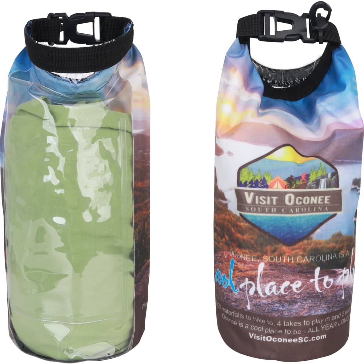 A 2L full colour dry bag with a PVC window, featuring a scenic print and a black secure strap at the top.