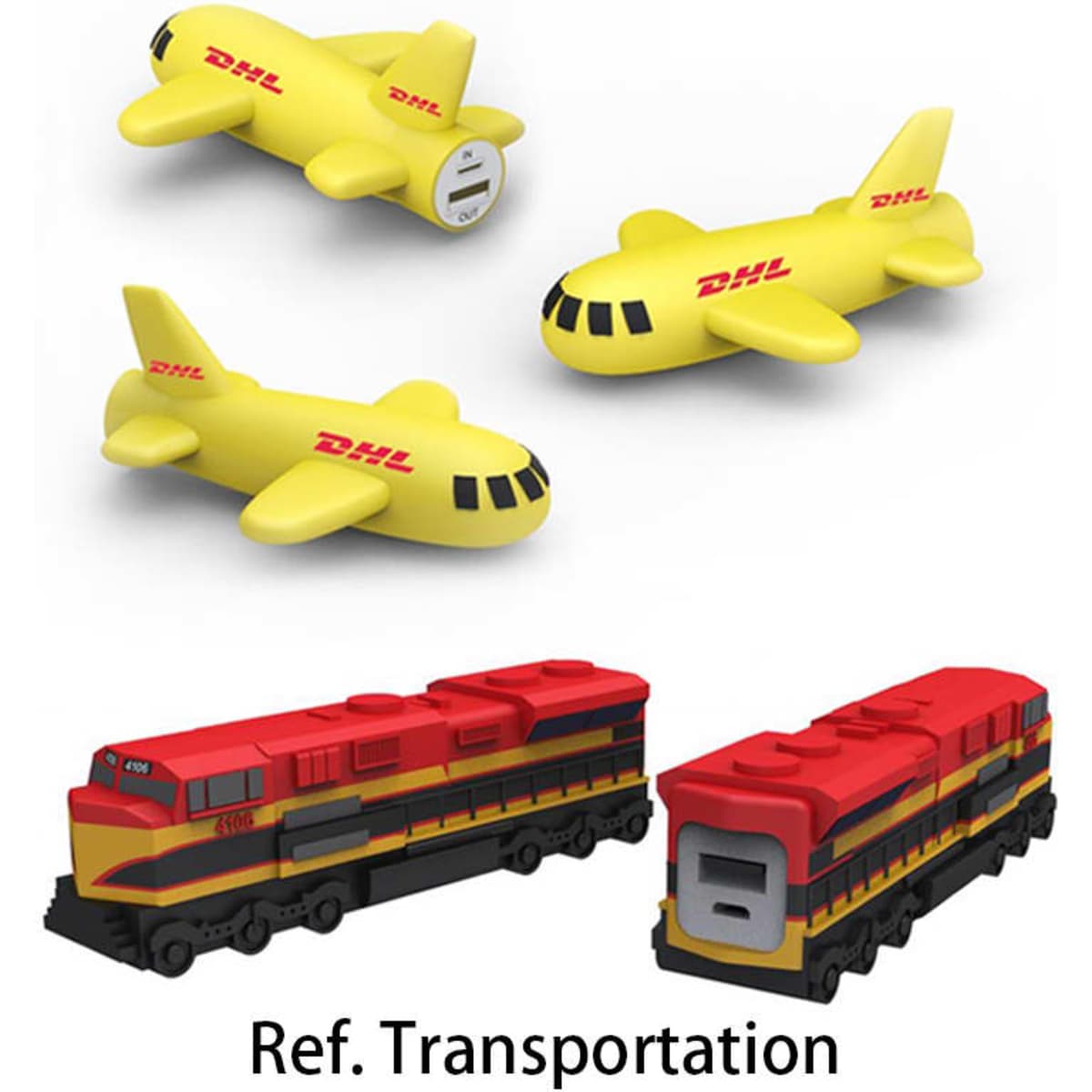 Custom shaped power banks in the form of yellow planes and red trains, featuring logos, in a playful design.