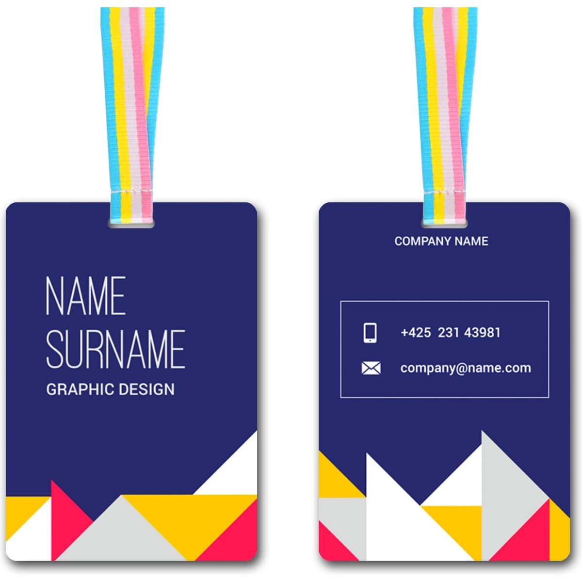 A medium printed name tag featuring a blue background with colourful geometric shapes and a ribbon for attachment.