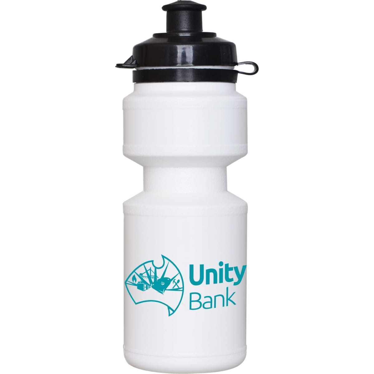 A drink bottle in white with a black flip-top lid and a logo. It has a cylindrical shape suitable for hydration.