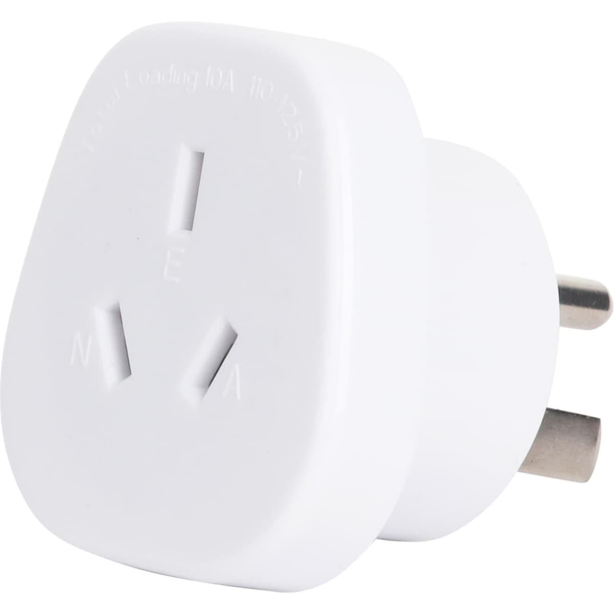 A white universal travel adapter featuring Australian and US plug configurations. It has a compact design and a branding logo.