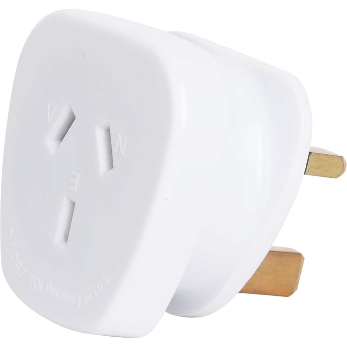 A white travel adapter with Australian and UK plug configurations, suitable for electronic devices.