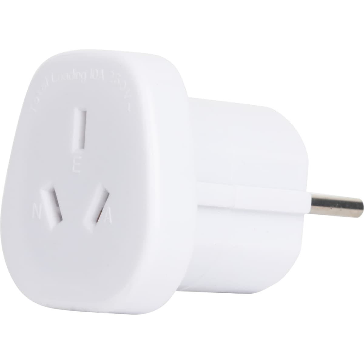 A white travel adapter designed for converting AU to EU plugs, featuring a single prong for connection.