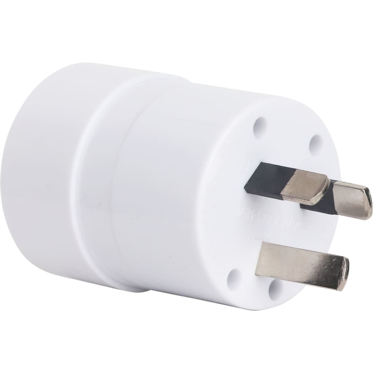 A white multifunctional travel adapter with three metal prongs, suitable for various plug types.