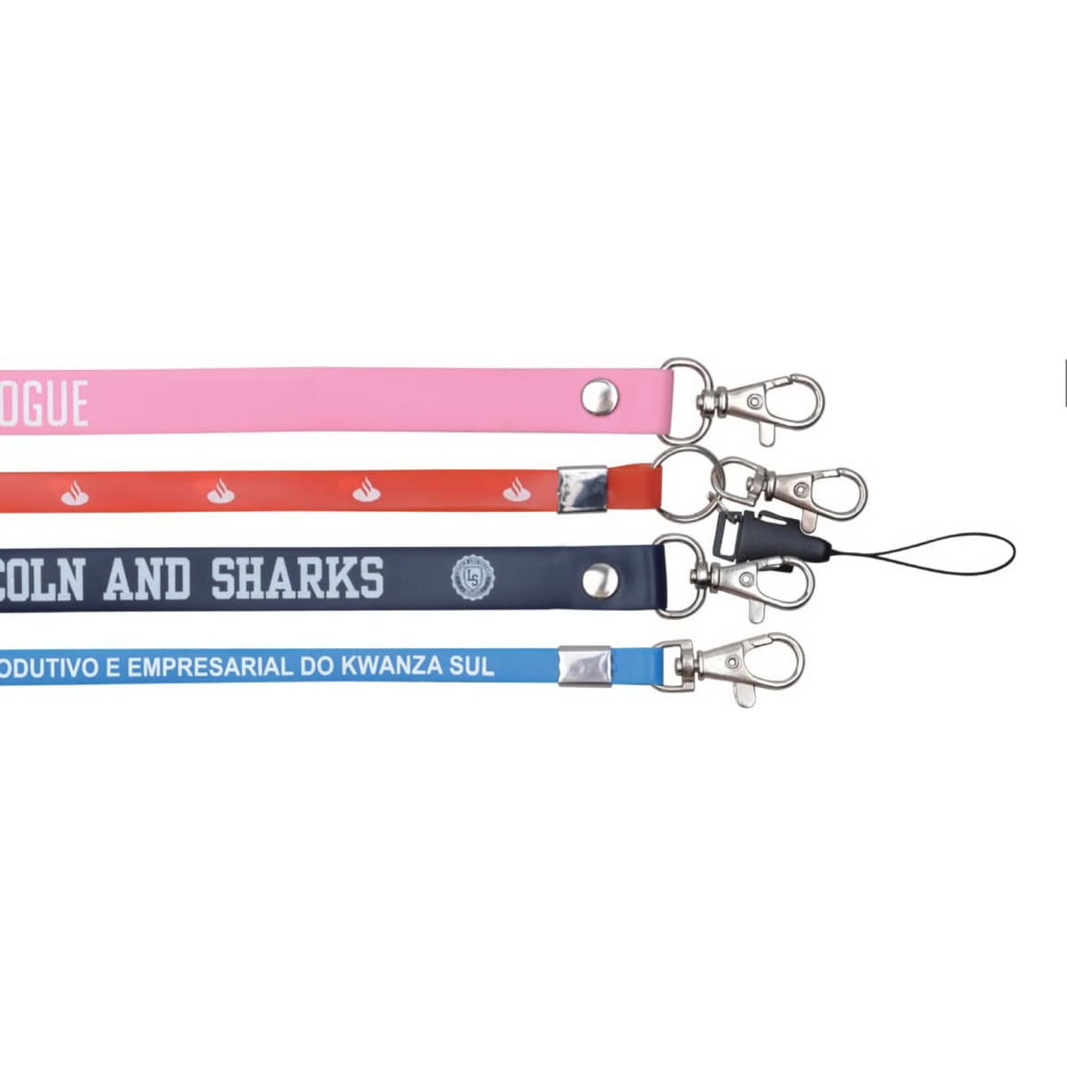 Four PVC lanyards in pink, red, navy, and light blue, featuring metal clips and one with a string attachment.