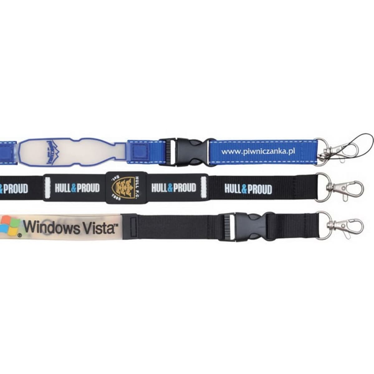 A set of three lanyards in blue, black, and clear PVC, each featuring clips and logos.