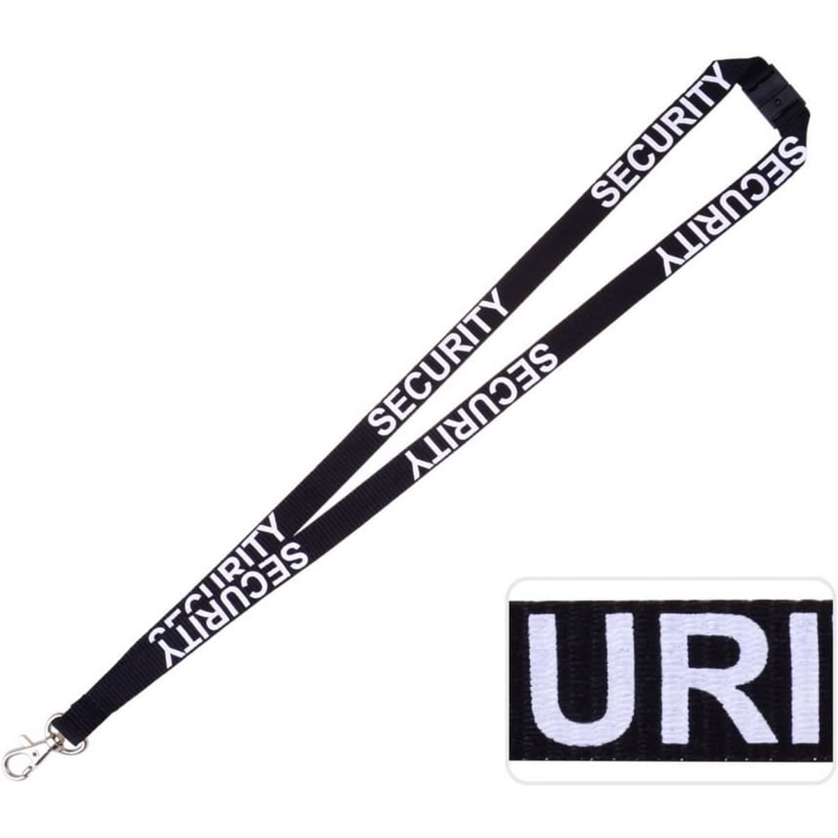 A black security lanyard featuring bold white lettering and a metal clip for attachment.