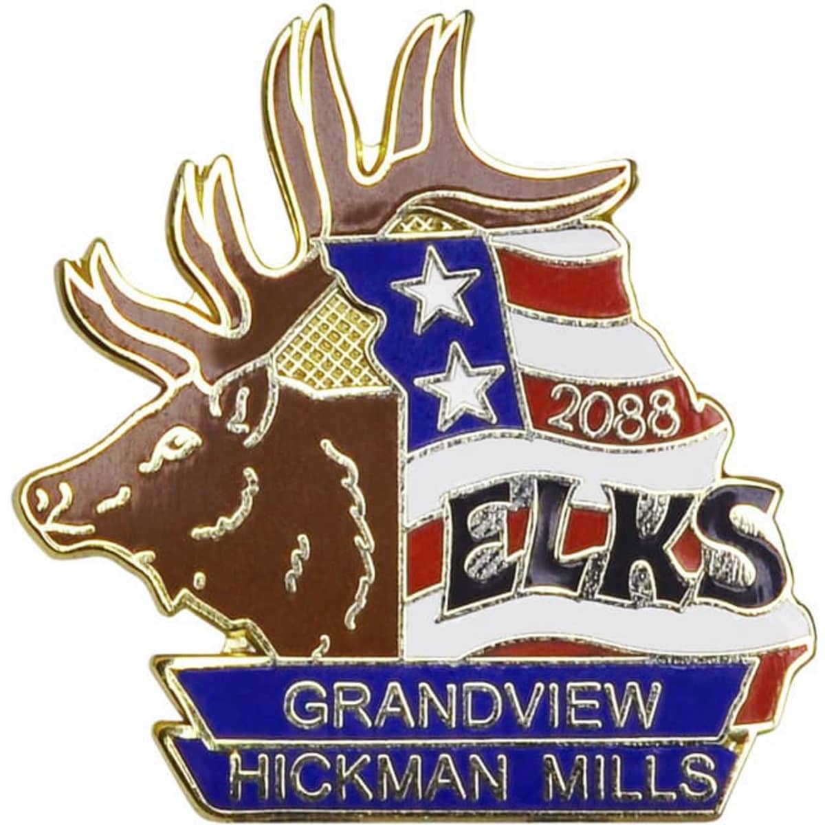 A gold and coloured hard enamel lapel pin featuring a moose and stars, with a logo and text details.