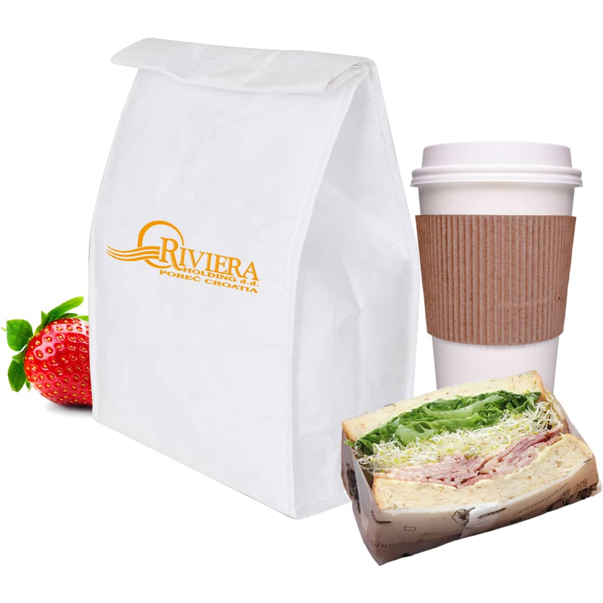 A white bag with a sandwich, a cup of coffee, and a strawberry. The bag features a logo on its surface.