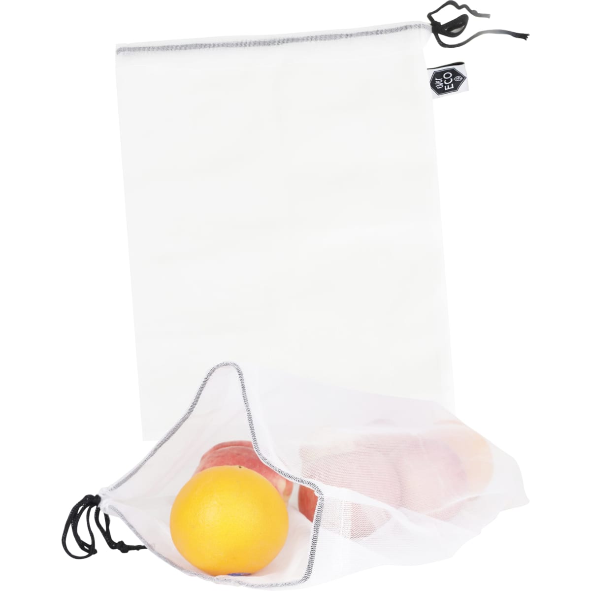 A lightweight, white produce bag with a drawstring carrying a yellow orange and several apples inside.