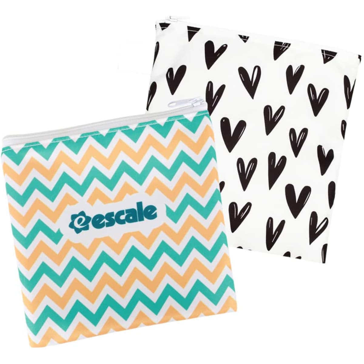 A set of two reusable food pouches featuring a turquoise and orange chevron pattern and a black heart design, both with zippers.