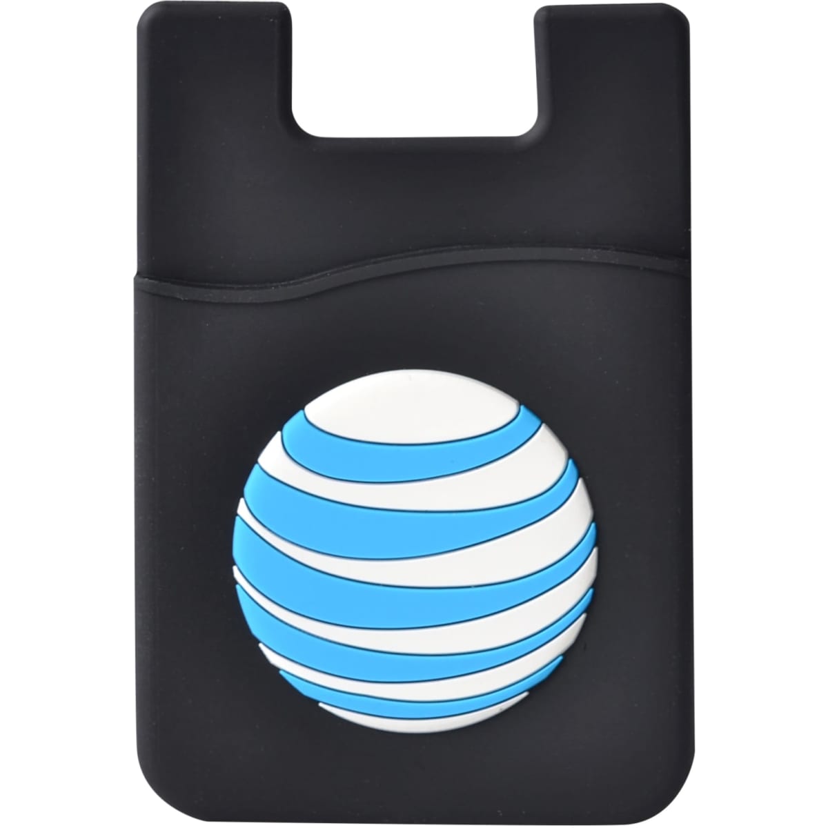 A black moulded smart wallet with a circular blue and white design, featuring a logo on the front.