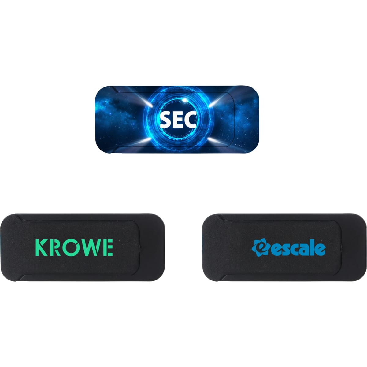 A set of three black tablet webcam covers with various logos displayed on them.