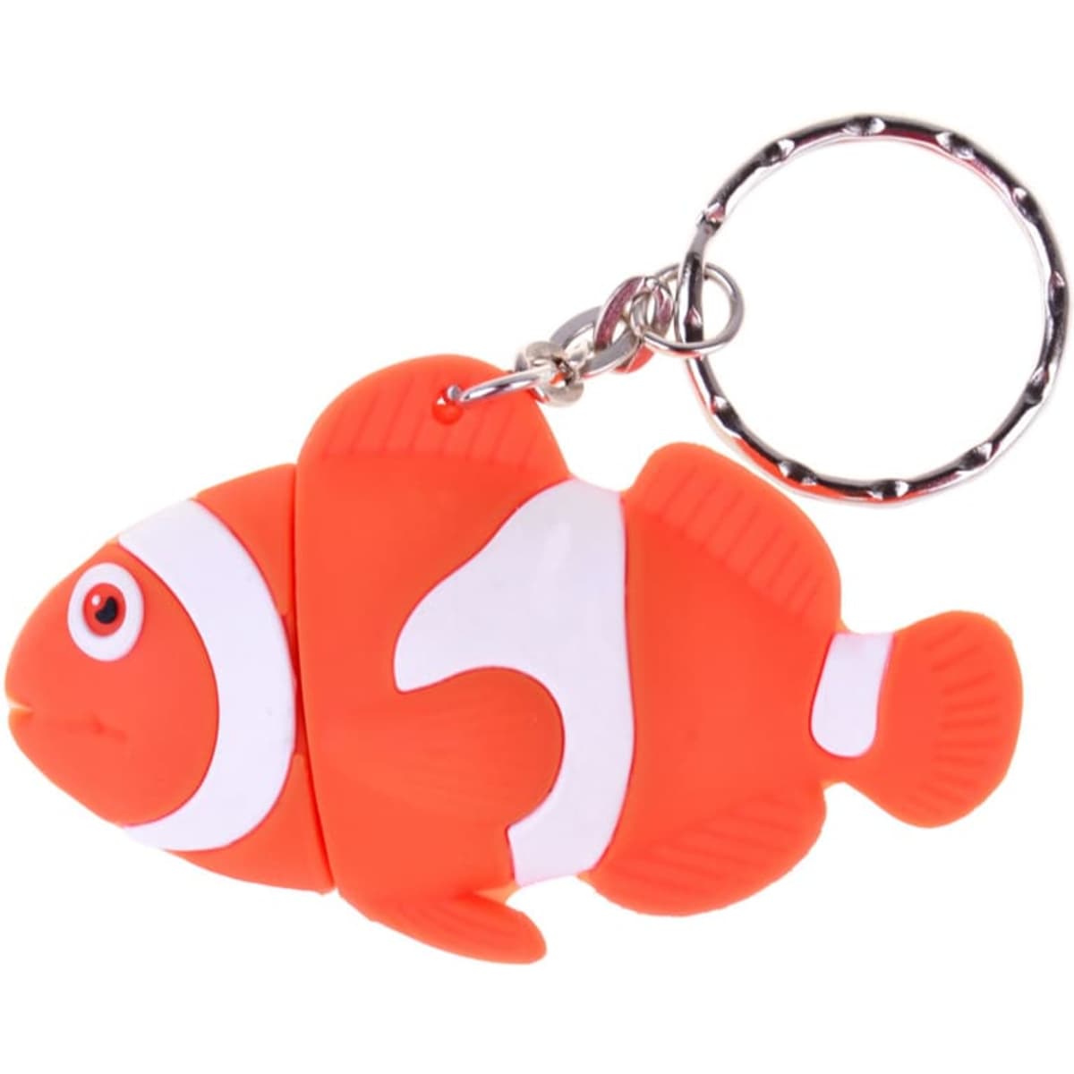 A bright orange and white fish-shaped flash drive attached to a keyring, featuring a playful design and a keychain loop.
