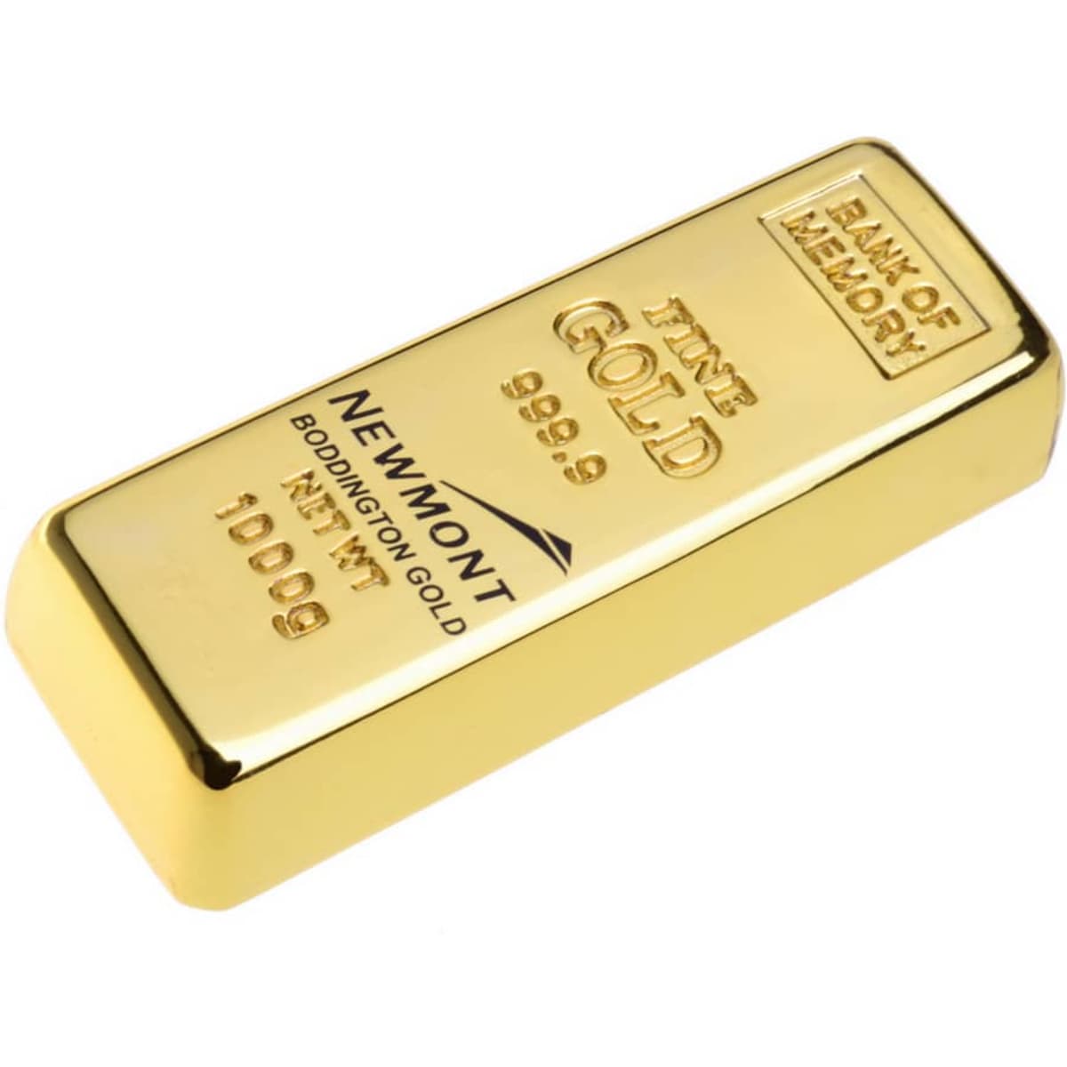 A gold bar-shaped flash drive, shining and smooth, featuring a logo and details embossed on its surface.