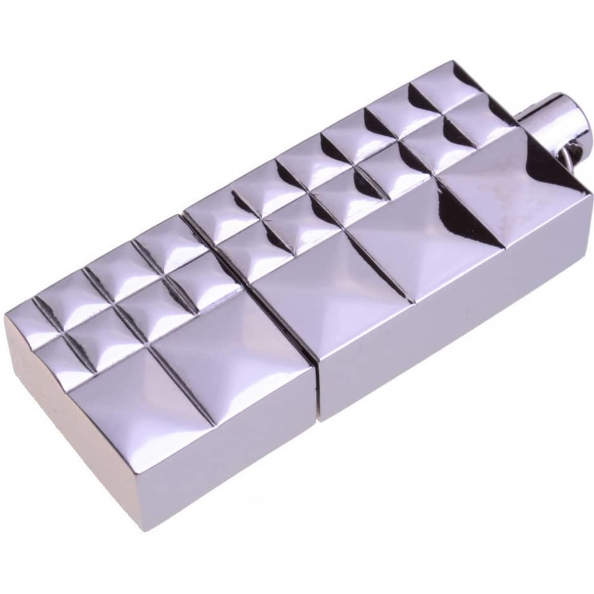 A silver flash drive with a geometric design featuring square and rectangular sections.