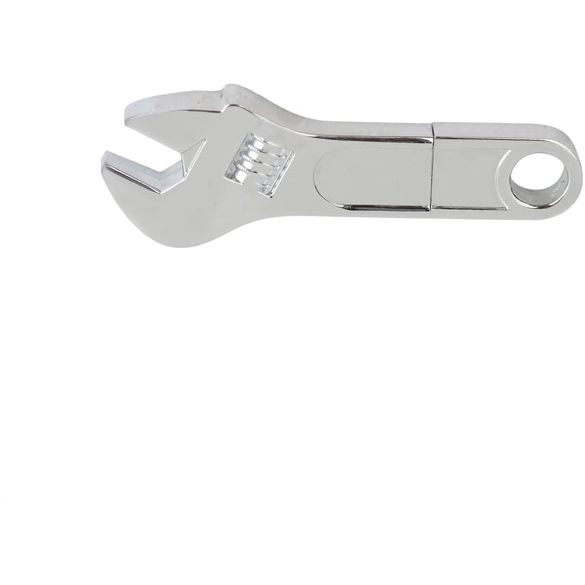 A metallic spanner-shaped flash drive with a shiny chrome finish, featuring a branding logo.