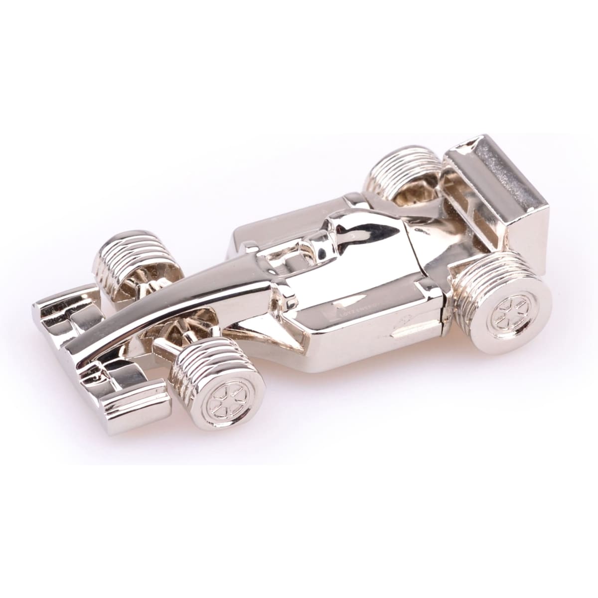 A silver racing car flash drive, designed in the shape of a race car, with detailed wheels and bodywork.