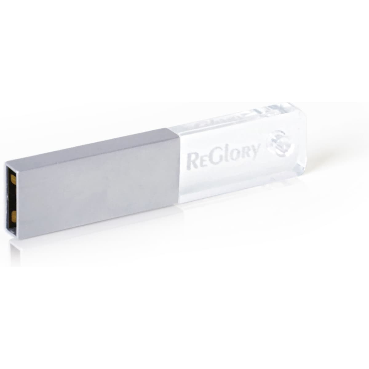 A rectangular crystal flash drive in clear and silver, featuring a logo on one side.