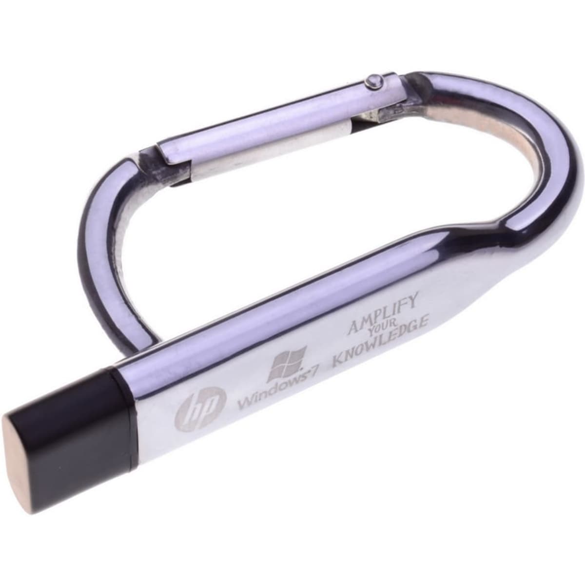A metallic silver carabiner USB flash drive with a distinctive shape, featuring a small branding logo.