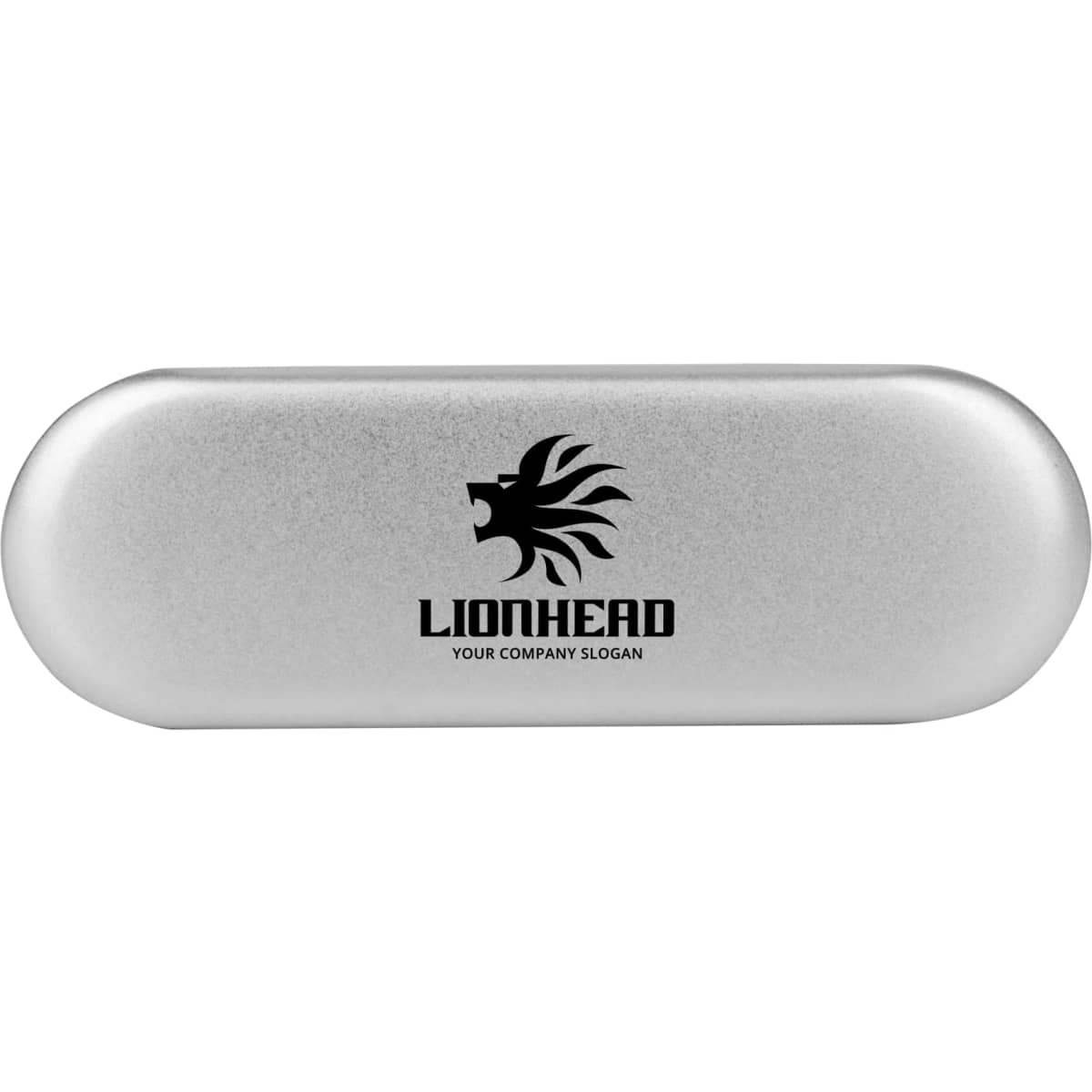 A silver tin with a curved design, featuring a black logo on the front.
