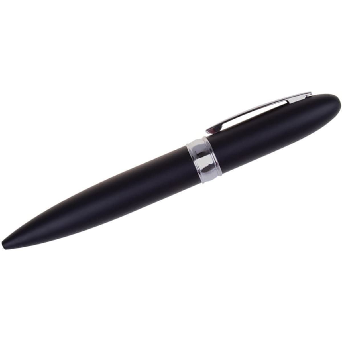 A black pen with a sleek design and shiny silver detailing. The pen features a USB flash drive.