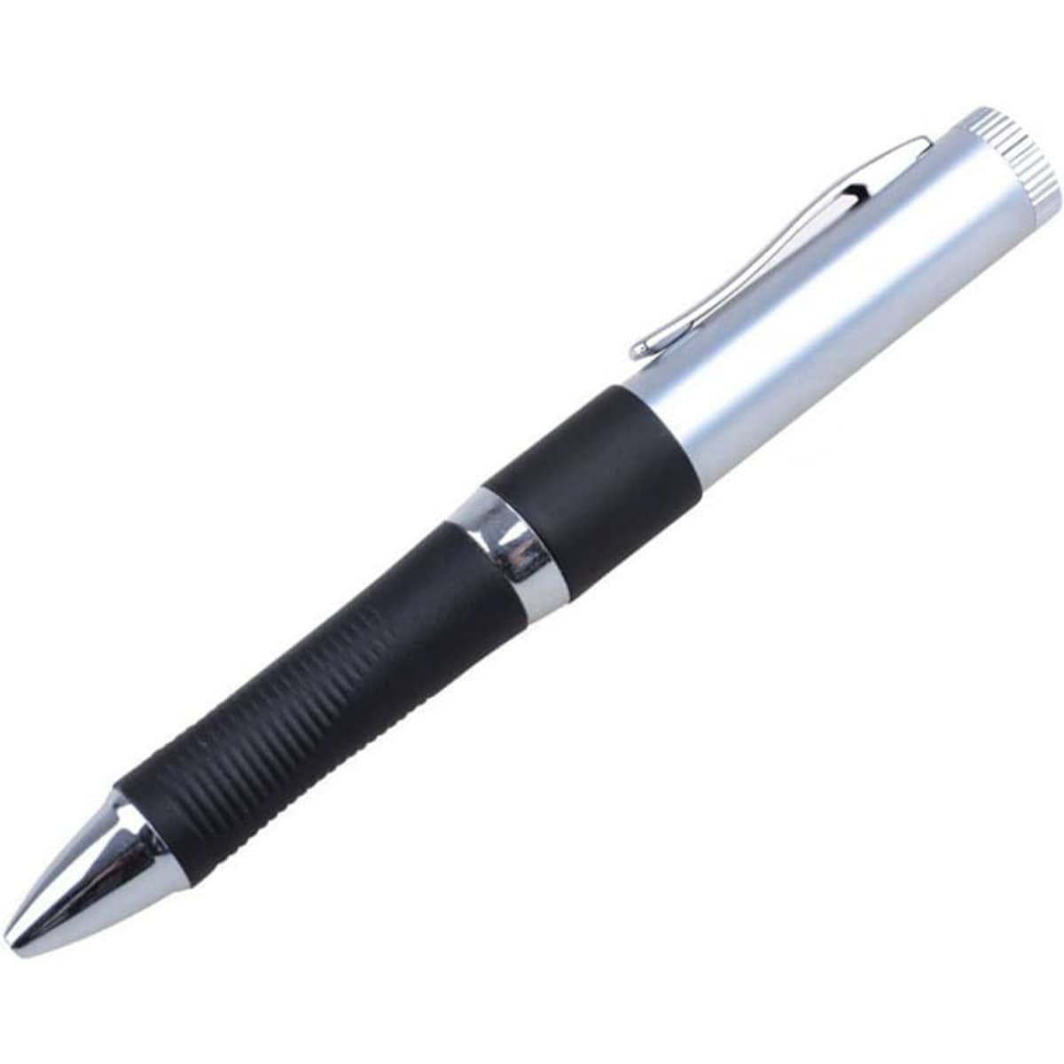 A silver and black pen with a textured grip and a cap, featuring a logo on its body.