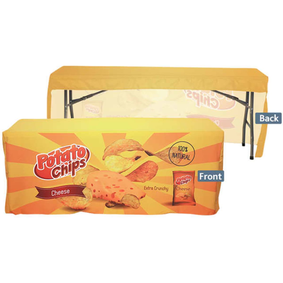 A 4ft fitted table cloth with a vibrant yellow design featuring potato chips imagery and branding.