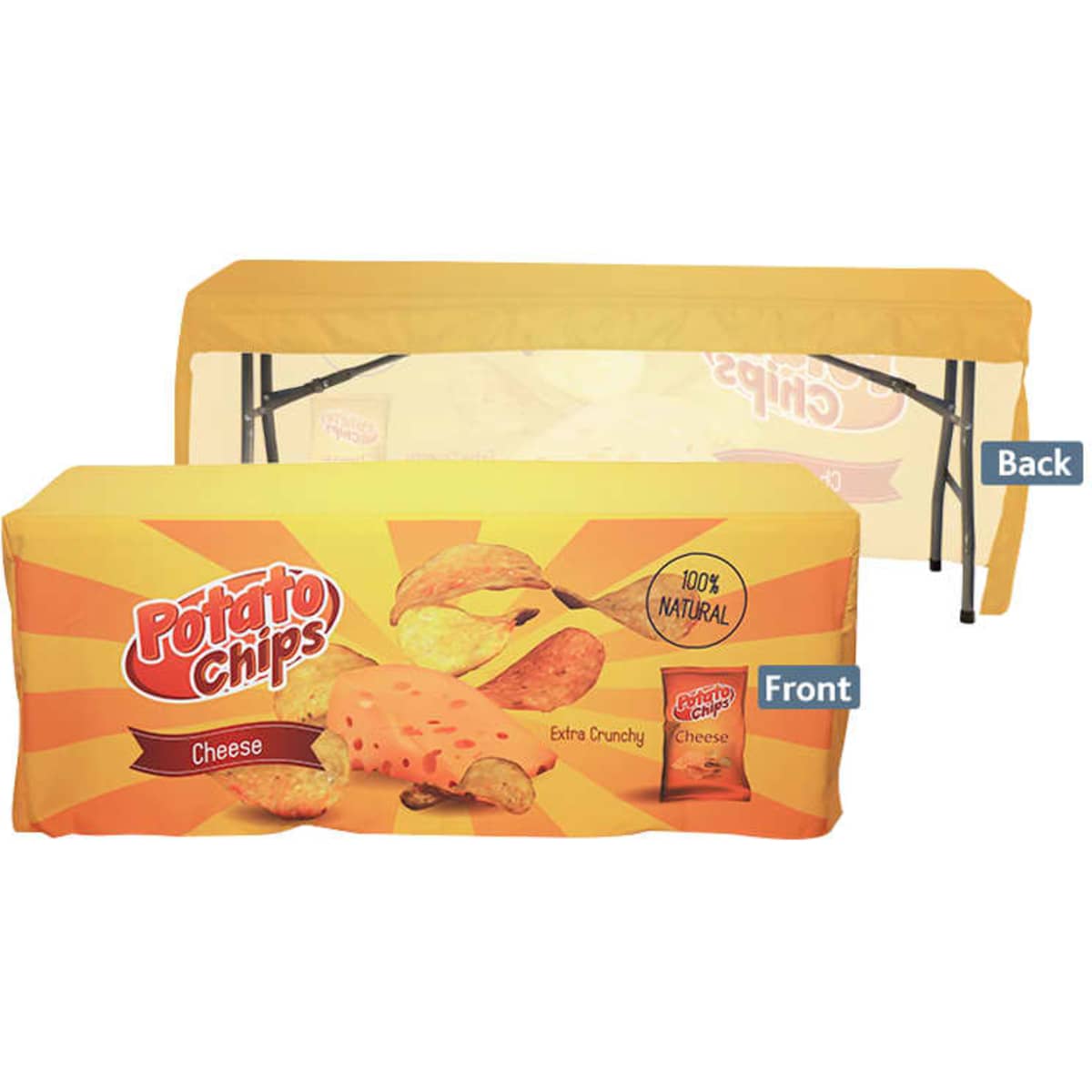 A 3-side fitted table cloth for a 6ft table, in yellow with a logo, featuring images of potato chips on the front.