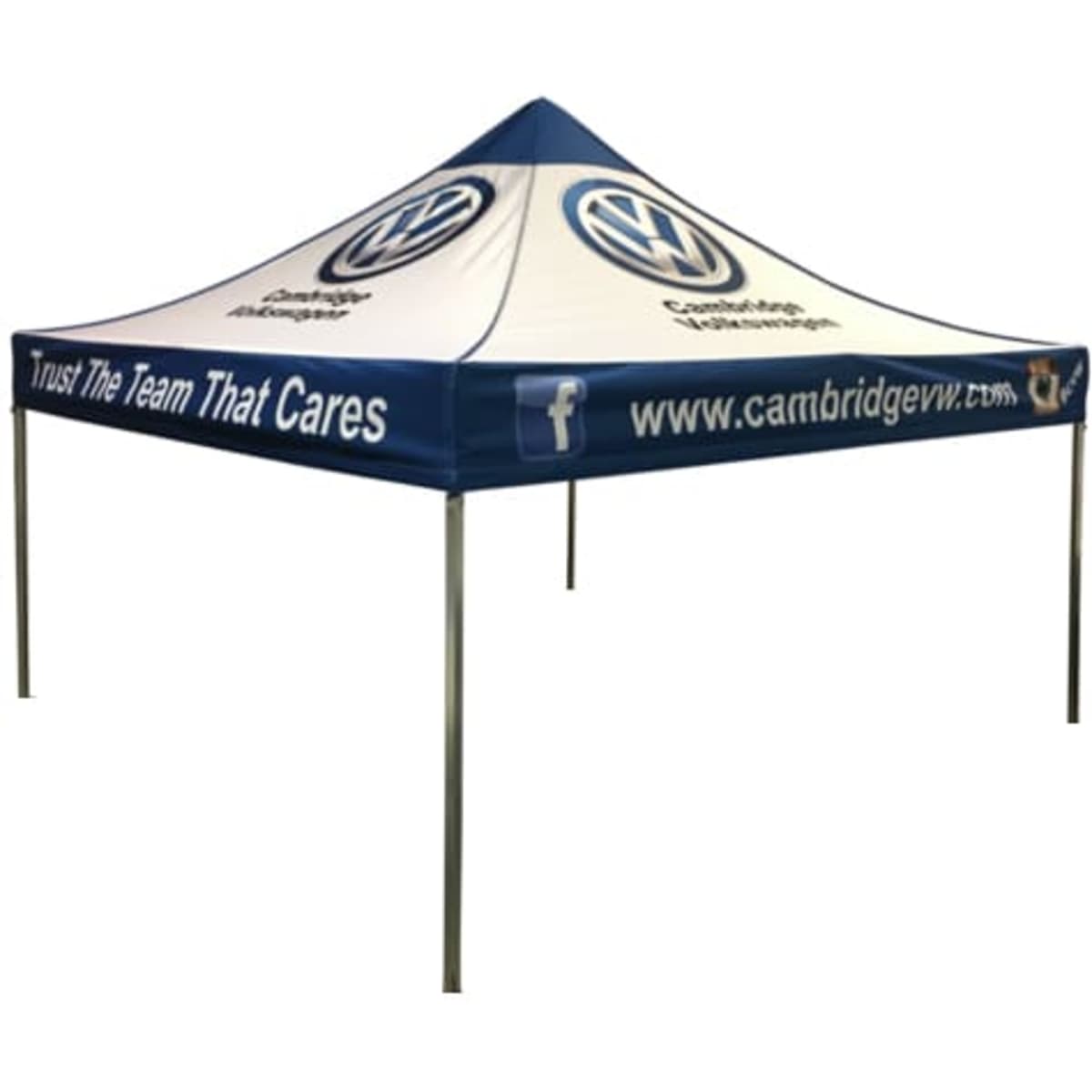 A 3x3m marquee with a blue and white colour scheme, featuring a logo on the top and sides.
